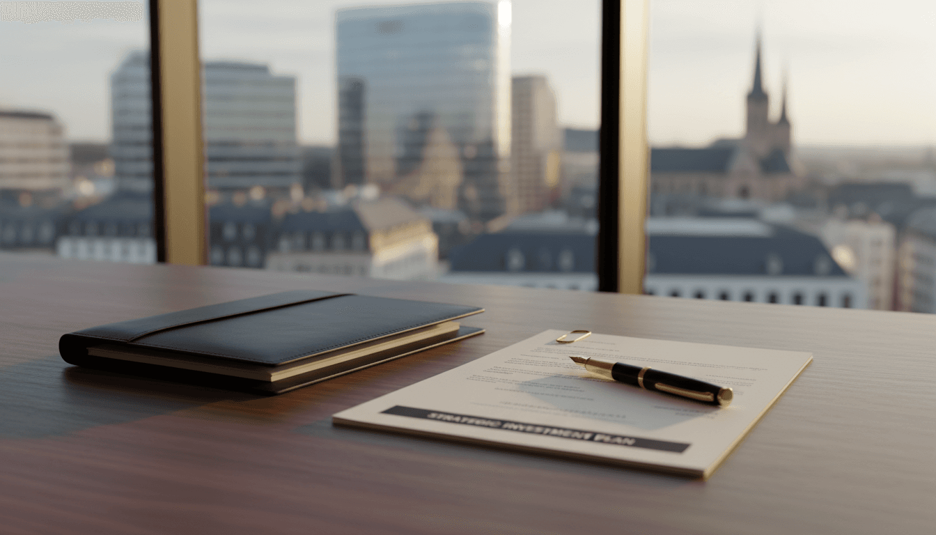 Financial documents and portfolio on a polished desk with Luxembourg skyline